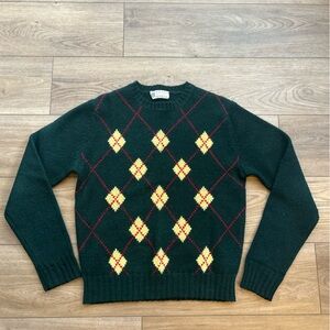 Vintage 60s Argyle Wool Sweater Aston Green Hand Framed Knit Men size‎ 38 (S/M?)